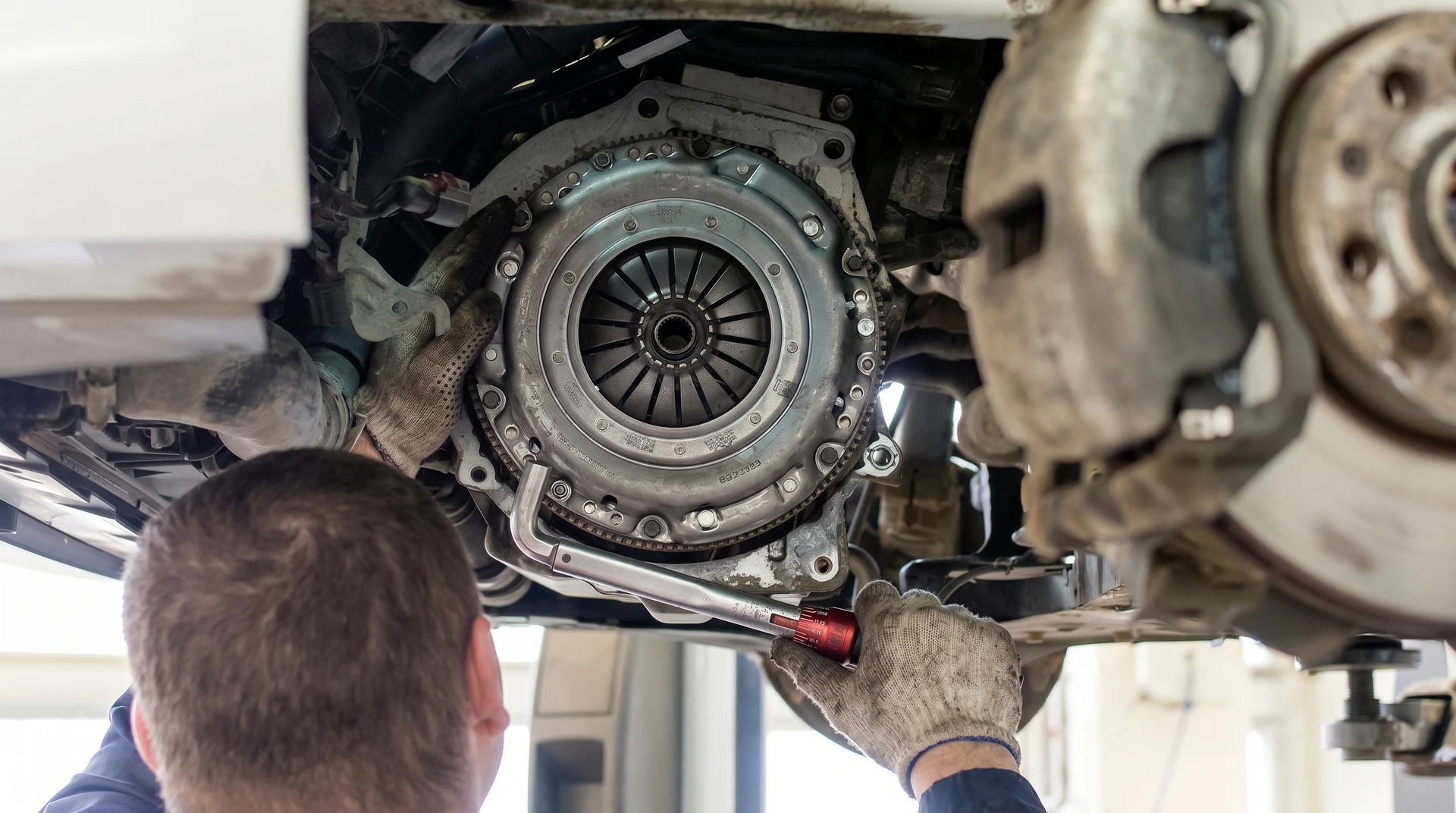 Un mécanicien automobile en combinaison bleue et pull marine effectue une maintenance dans un garage professionnel