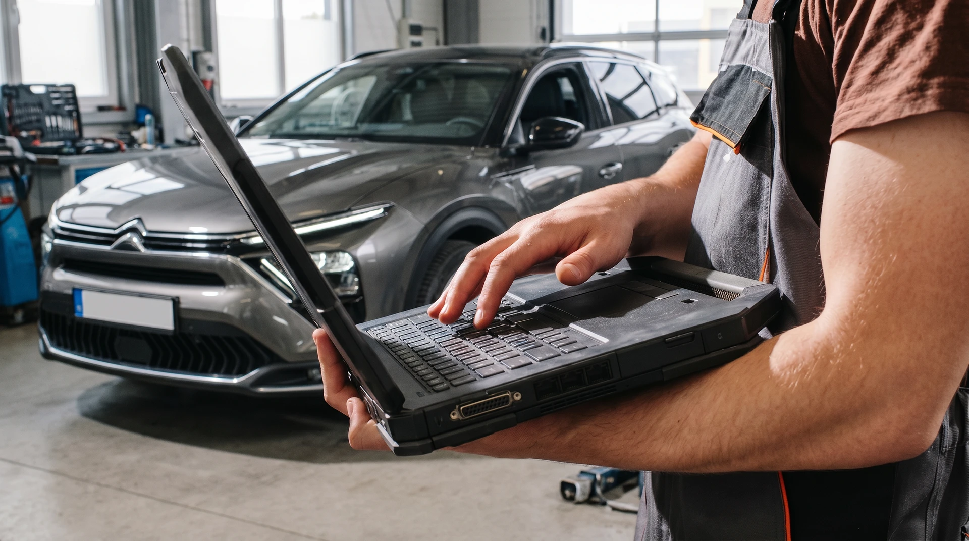 Mécanicien automobile inspectant le moteur d'un véhicule, capot ouvert, tenant un stylo bleu et consultant une tablette électronique